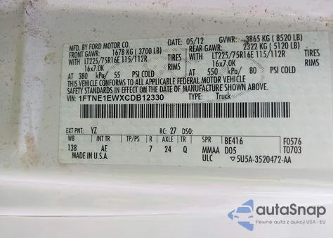 2012 Ford E-150 Commercial from USA, damaged, VIN 1FTNE1EWXCDB12330